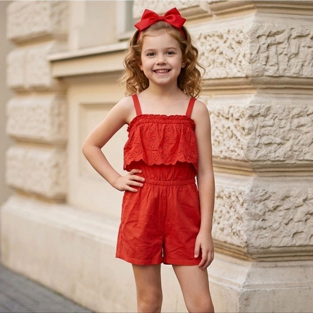 Crown & Ivy Girls Size 5 Red Eyelet Lace Ruffled Knit Romper NWT Summer Clothes